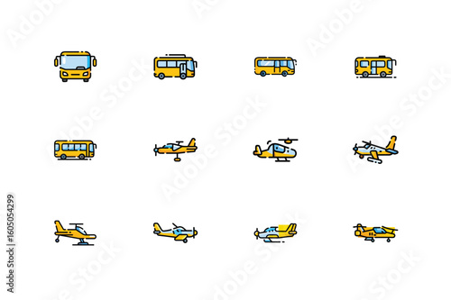 helicopter, bus, public bus, cargo airplane, car, super car stylish car icon sheet. icon sheet design.