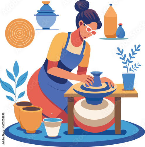  woman making ceramic work with potter's wheel