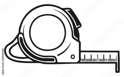 Black and white illustration of a tape measure with its tape extended showing measurements