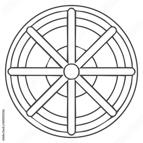 Stylized outline of a Dharma wheel with eight spokes and concentric circles