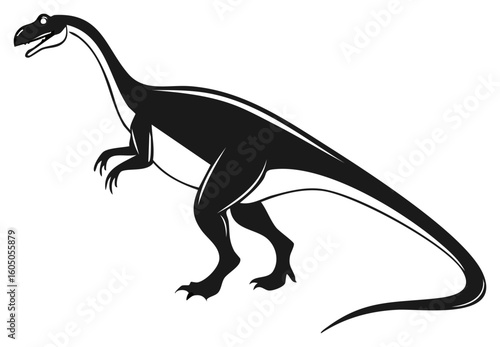 Stylized Black Silhouette of a Dinosaur with Long Neck and Tail on White