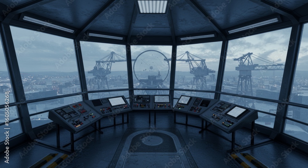 Obraz premium Control Tower Deck Overlooking Shipyard Cranes and Panoramic Windows