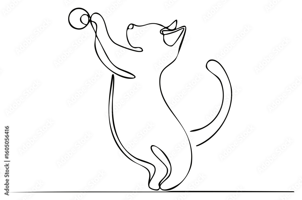 Naklejka premium Continuous line drawing of a playful cat standing and reaching for a ball or toy