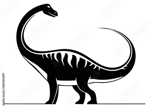 Bold black and white graphic silhouette of a long neck sauropod dinosaur standing in profile