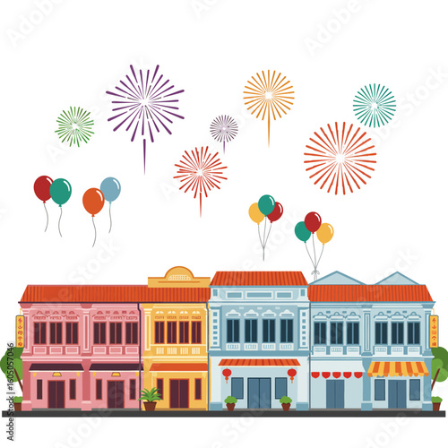 Festive Shophouses with Balloons and Fireworks, Celebrating a Special Occasion