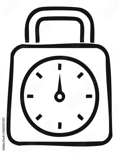 Doodle illustration of a time management icon with a square face and handle, time clock showing twelve o'clock concept.