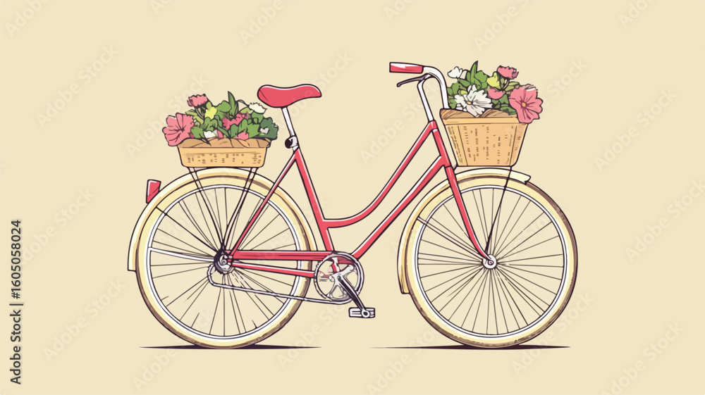 Fototapeta premium Retro Vintage Bicycle with Flower Baskets Simple Line Art Illustration