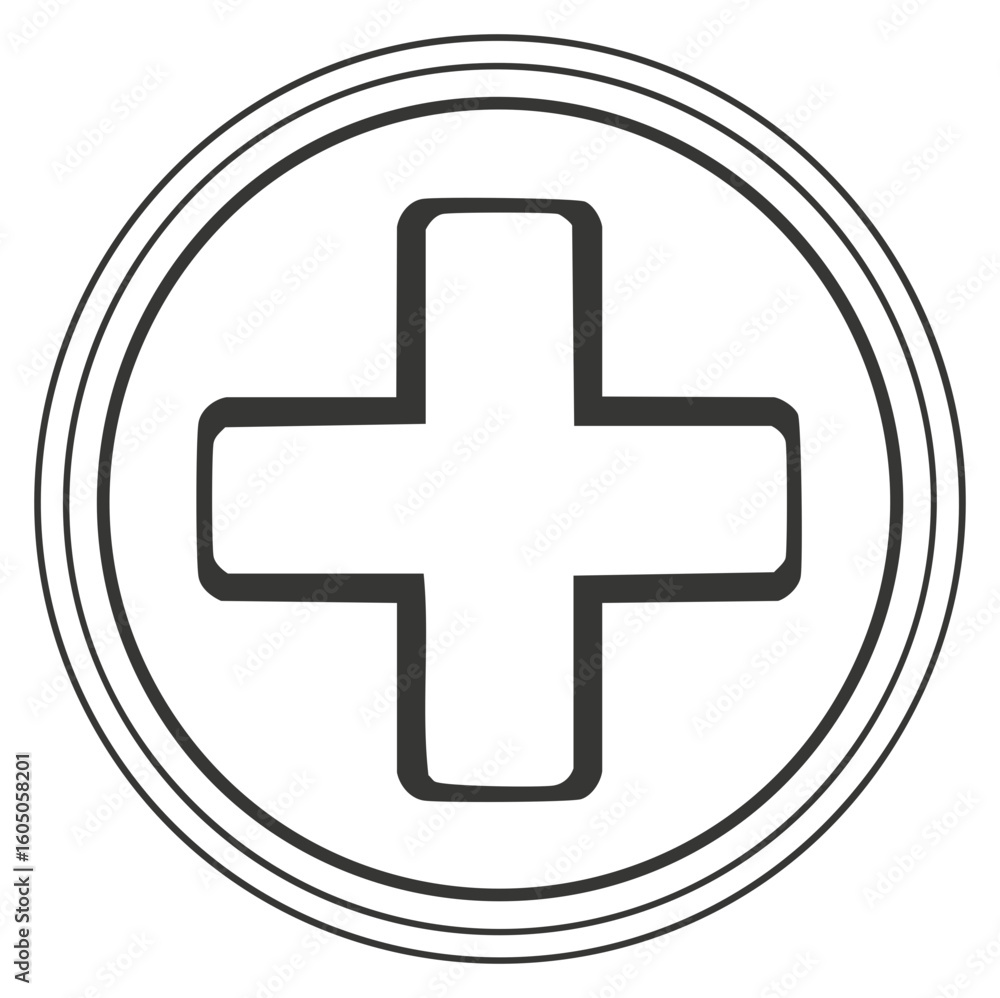 Medical plus sign icon. Healthcare and first aid cross symbol in a circle. Line art illustration. Medical plus sign icon. Healthcare and first aid cross symbol in a circle. Line art illustration.