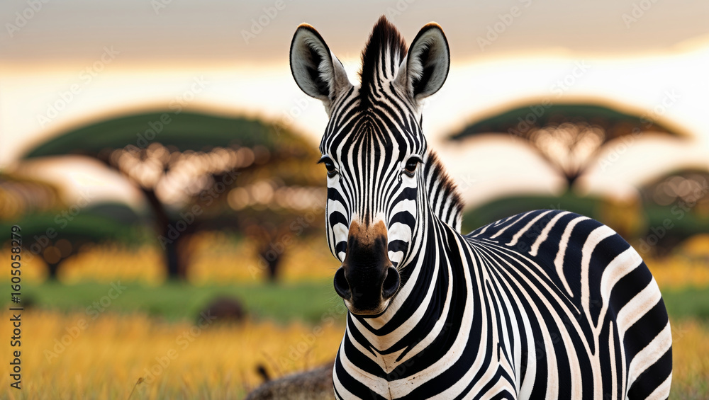 Naklejka premium A majestic zebra gazes directly at the camera, set against a warm savanna background.