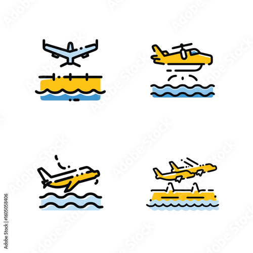 colorful water airplane, airplane icon, black airplane, different kind of airplane design icon sheet, water air and land airplane design icon.