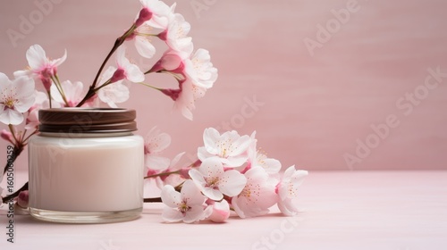 Wallpaper Mural A jar of skin care cream is located among delicate pink flowers, demonstrating the concept of natural beauty on a spring floral background. Torontodigital.ca