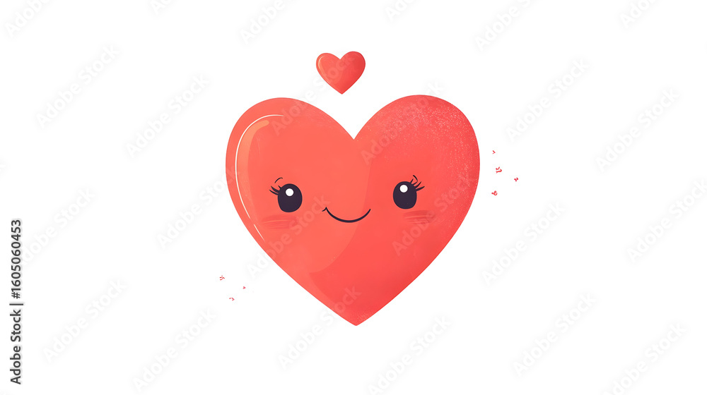 Fototapeta premium Cute smiling cartoon heart with blush and small heart above