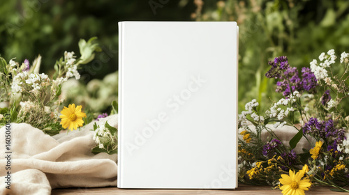 a mockup of an A5 white hardcover book on a rustic wooden table