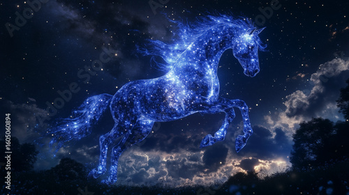 cinematic shot of an enchanting celestial horse creature galloping