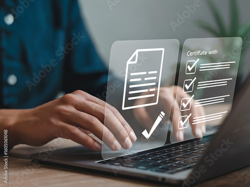 Seamless digital certification modern interface with checklist on laptop, ensuring compliance and quality control for efficient workflow and successful accreditation online