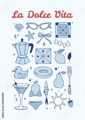Italian Dolce Vita blue poster Hand-drawn Summer illustration. Vacation and travel. Tile, swimsuit, martini, lemon, pear, pasta, rubber ring, sardines, sun, coffee pot, sunglasses	
