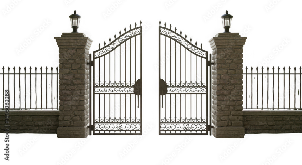 Obraz premium An open wrought iron gate between stone pillars with lanterns and matching fences isolated on white providing an entrance to a property isolated on transparent background