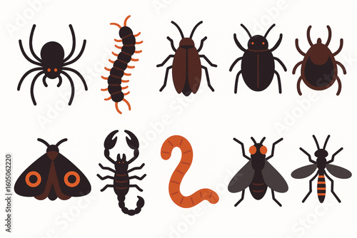 Set of Creepy Halloween Insect Icons in Flat Vector Style