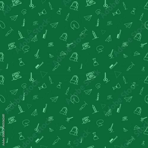 Patterns featuring school supplies and outdoor gear on green background for creative projects and designs