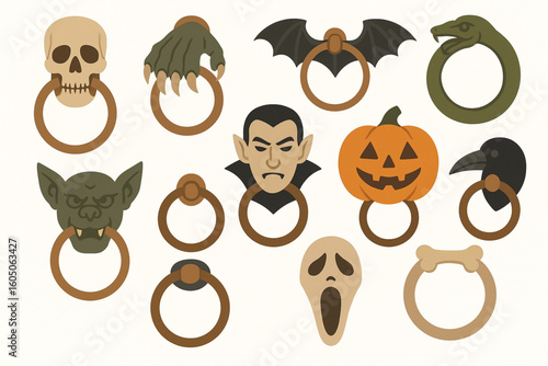 Set of Halloween Creepy Door Knocker Icons in Flat Vector Style