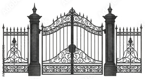 An ornate wrought iron gate with intricate scrollwork and stone pillars creates a secure and decorative entrance isolated on transparent background