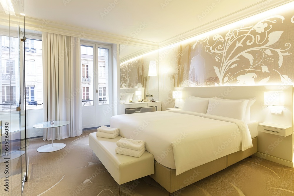 Fototapeta premium Stylish hotel room with elegant decor and neatly arranged towels at a luxurious location