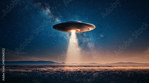 Large unidentified flying object hovering over a field at night, illuminating the ground with a bright beam of light, with the milky way visible in the starry sky