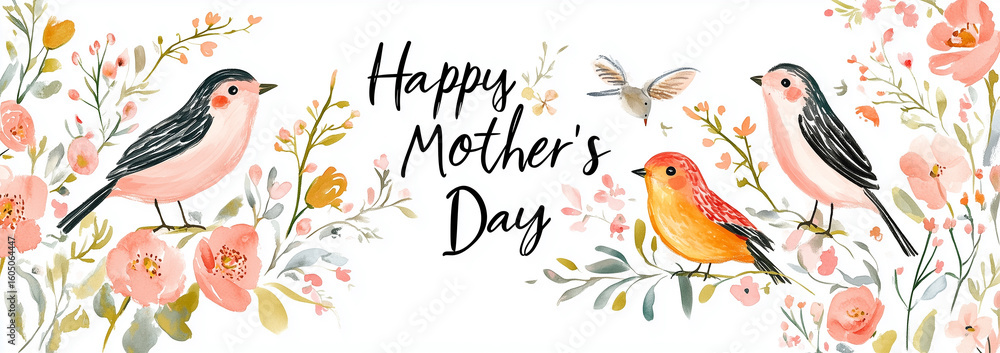 Fototapeta premium Happy Mother's Day greeting card, pastel floral arrangement with birds on a white background, watercolor textures