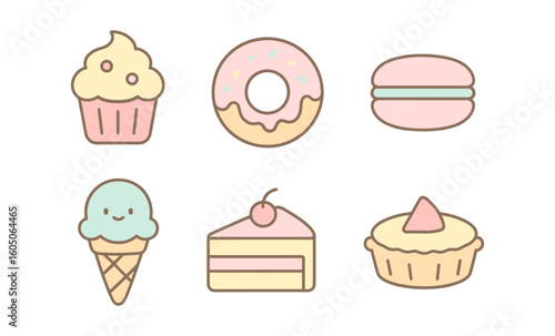 Cute pastel desserts collection with cupcake, donut, macaron, ice cream, cake, and pie