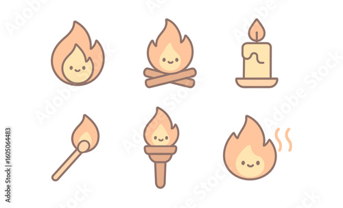 Cute flame icons: campfire, candle, torch, match, fire emoji in minimalist style