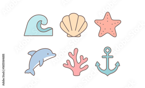 Cute nautical icons: waves, shells, and marine life in pastel colors
