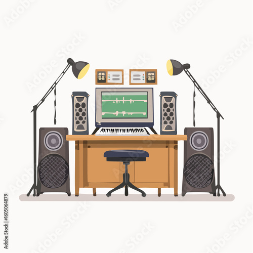 Illustrated Music Studio Setup with Speakers Desk and Lighting