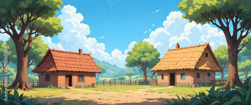 2D Village Cartoon Background of Rural Village with Brick House and Mud Hut