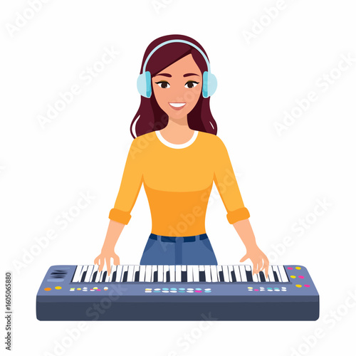 Joyful Woman Playing Keyboard with Headphones