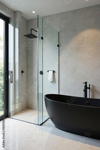 Wallpaper Mural Matte black freestanding bath, sleek shower enclosure, acrylic, modern design, design Torontodigital.ca