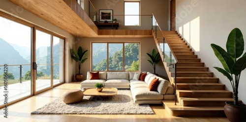 Wallpaper Mural Expansive living area, curving wooden staircase , flowing, home, rail Torontodigital.ca