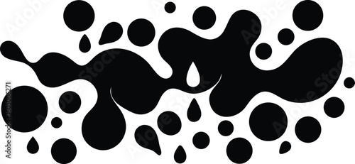 Vector art of a black and white abstract design featuring a dynamic splash of blobs circles and teardrop shapes isolated on transparent background.