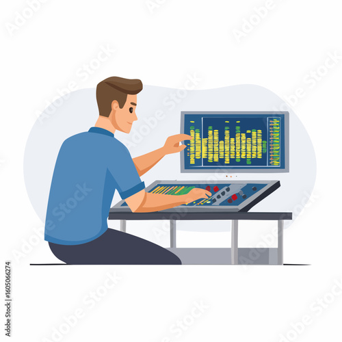 Sound Engineer Manipulating Audio Levels on Digital Mixing Console