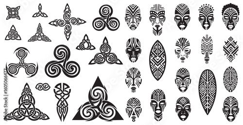 Collection of celtic knotwork designs and tribal mask motifs presented in a black and white graphic illustration style