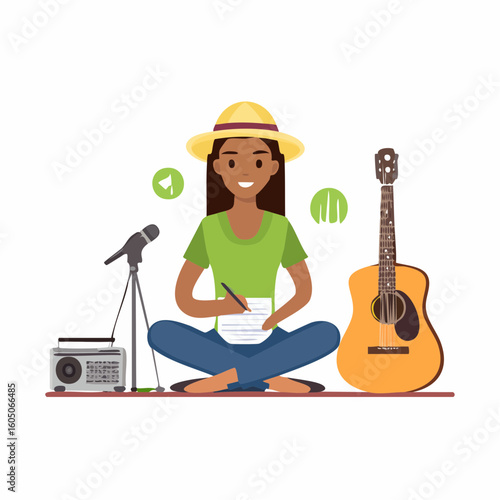 Songwriter with Guitar Microphone and Radio Composing Music with Joy