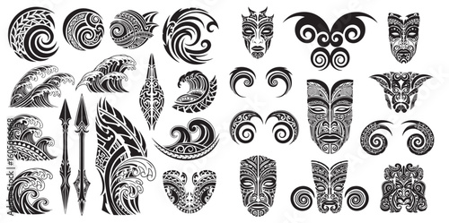 Collection of tribal polynesian maori inspired tattoo designs featuring masks spears and swirling patterns in black and white