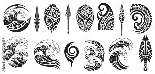 Collection of black and white tribal maori inspired tattoo designs featuring swirling waves spears and intricate ornamental patterns