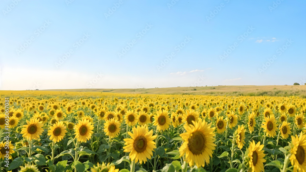 Obraz premium Bright and vibrant photo of a large sunflower field in full bloom under a blue sky, summer landscape, no people. 