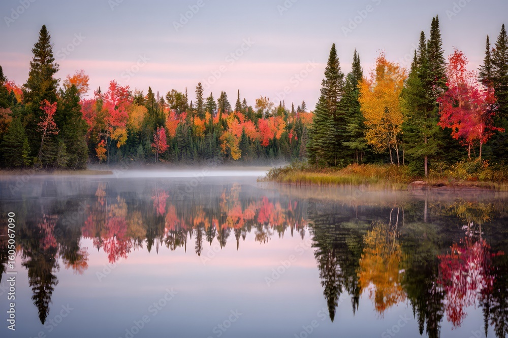 Fototapeta premium Autumn Colors Reflecting On Calm Lake