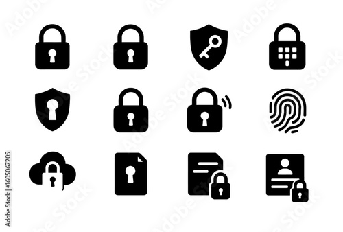 Security icon set with padlock, shield, key, fingerprint, cloud, document, user, password