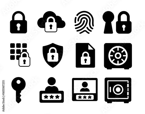 Security icons set with lock, cloud, fingerprint, shield, password, key, document, and safe