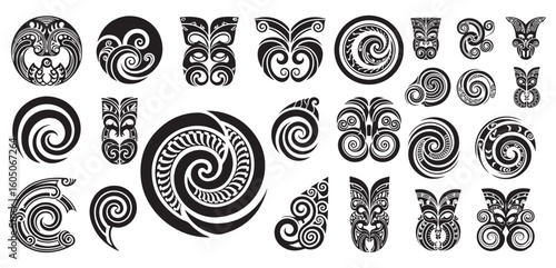 Collection of traditional maori tribal tattoo designs featuring spirals koru and tiki motifs in black and white