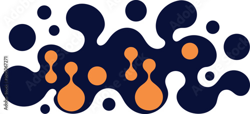 Vector art of abstract organic shapes in dark blue and orange resembling cells or molecules in motion isolated on transparent background.