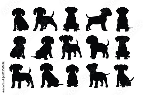 Collection of silhouetted domestic animals and farm birds including cats dogs rabbits and chicks