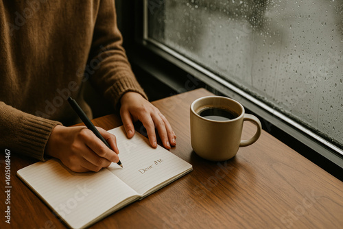 Person writing a letter beside a coffee mug on rainy day, capturing reflection, emotion, and quiet moments in coffee culture.
